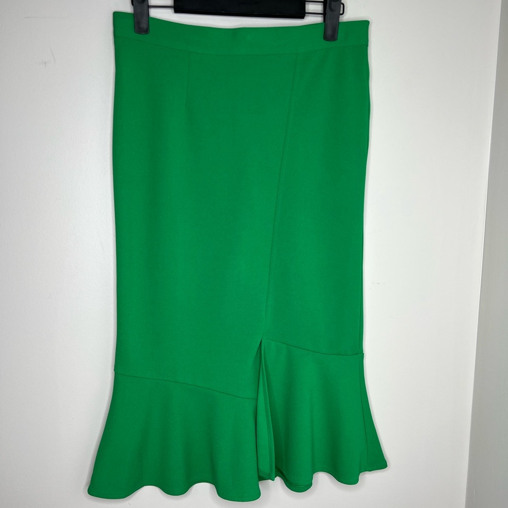 JEMMA green fitted, peplum hem midi skirt. Small. Asymmetrical split.